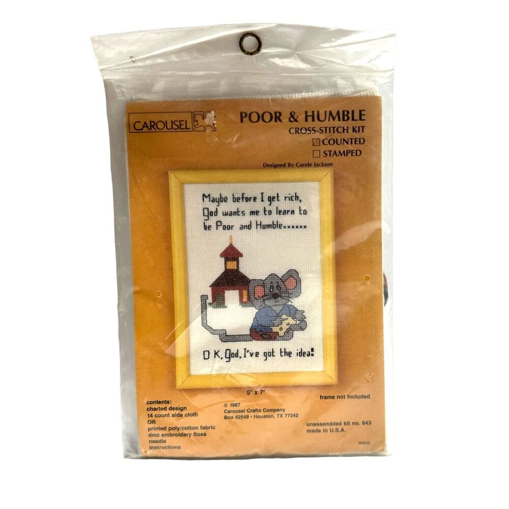 Vintage 1987 SEALED Carousel Crafts #643 Poor & Humble Counted Cross Stitch Kit